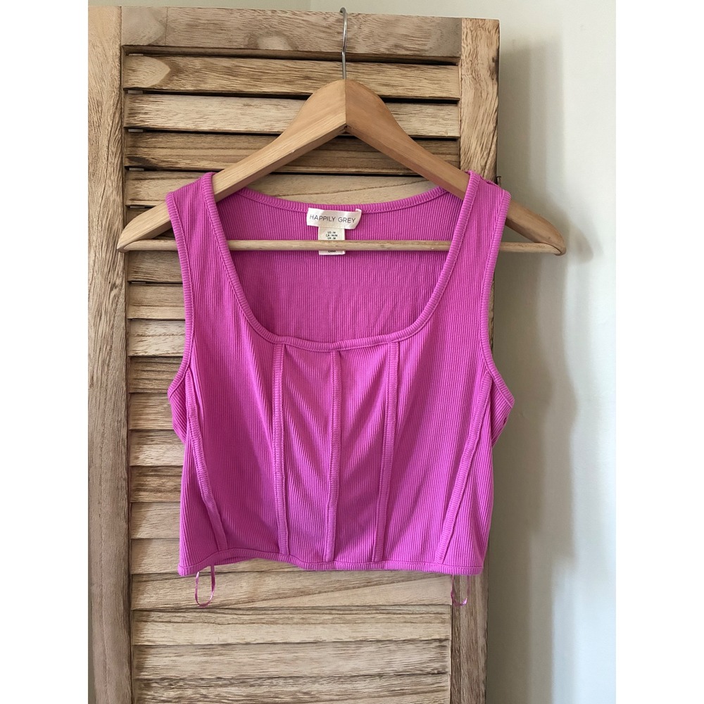 Happily Grey Magenta Pink Ribbed Corset Style Crop Tank Top Medium